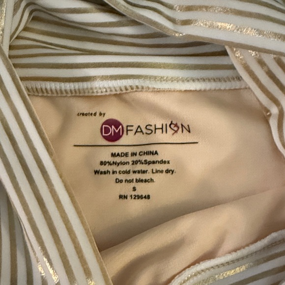 Chic White and Gold Striped Women's Two-Piece Swimsuit - Picture 3 of 6